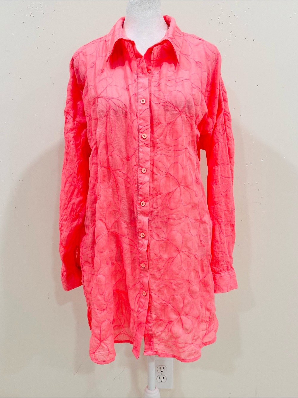 Maaji Larissa Long Shirt Cover-Up Dianthus Pink Floral Jacquard Button Tunic S